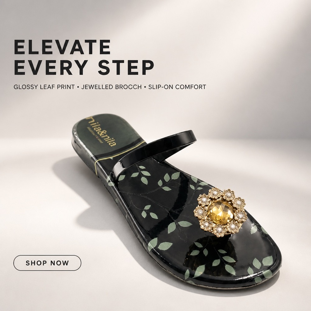 Nila & Nila Black Floral Jelly Toe-Ring Comfort Summer Sandal with Gold Gem